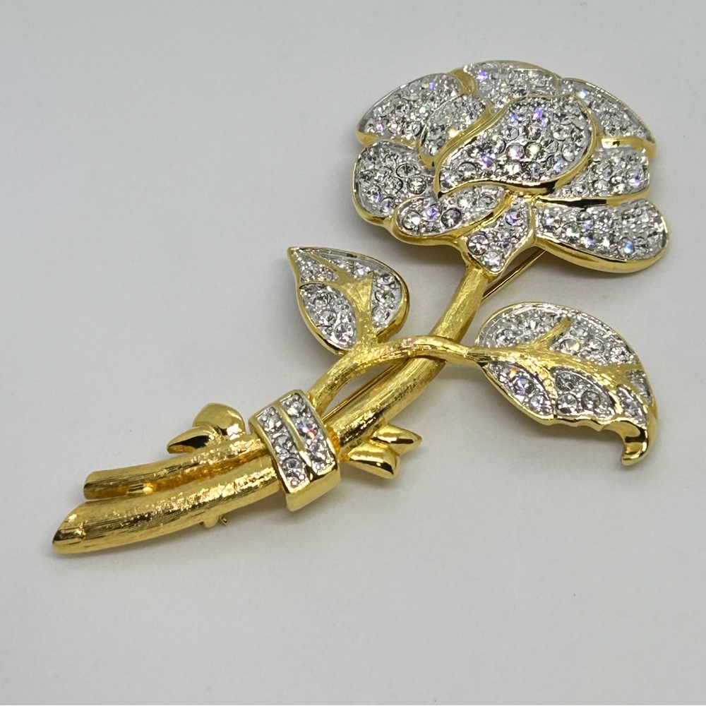 Vintage Nolan Miller Pave Sparkling Crystal Glamour Gold Tone Rose Brooch